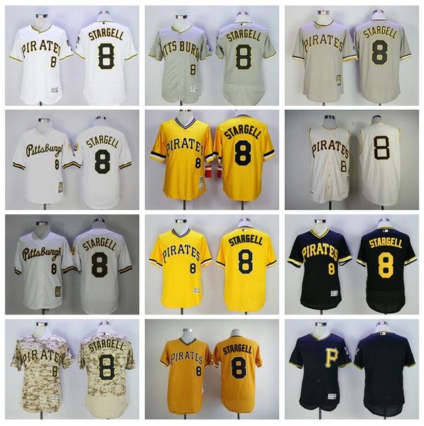 

men vintage 1962 retire 8 willie stargell baseball jersey all stitched beige black white grey yellow camo cool base pullover flexbase, Blue;black