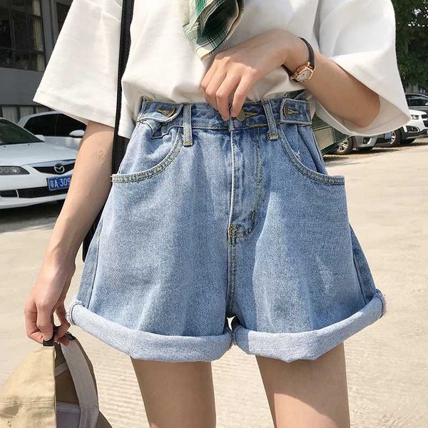 

2020 new arrivals summer denim shorts high waist crimping adjustable waist button jeans loose straight short femme, White;black