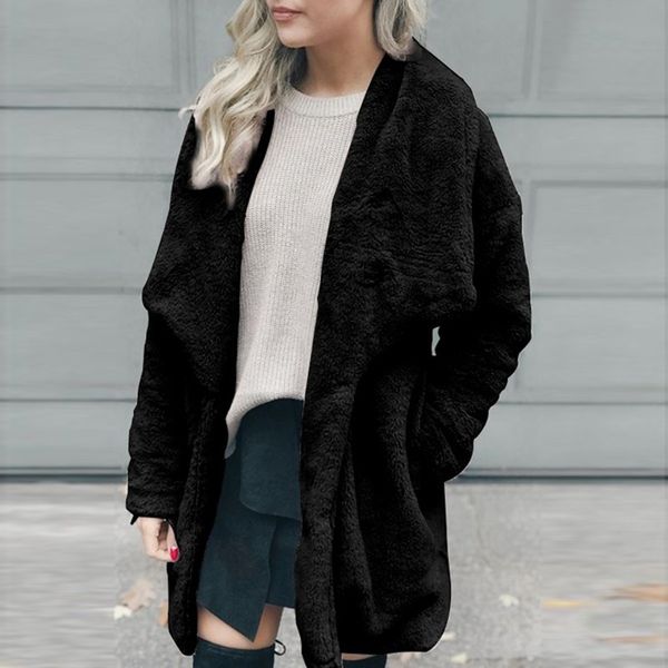 

fashion solid women's winter warm faux fur coat outwear plush lady pocket long outercoat coat casual loose vetement femme 2019, Black