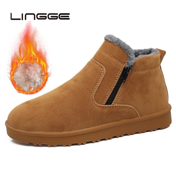 

lingge fashion men casual slip on snow boots flock super warm ankle boots for men male side zipper booties shoes, Black