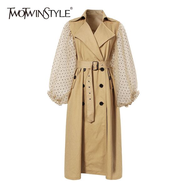 

twotwinstyle sashes windbreaker for women patchwork lantern sleeve high waist belt female's jacket autumn clothing casual 2018, Tan;black