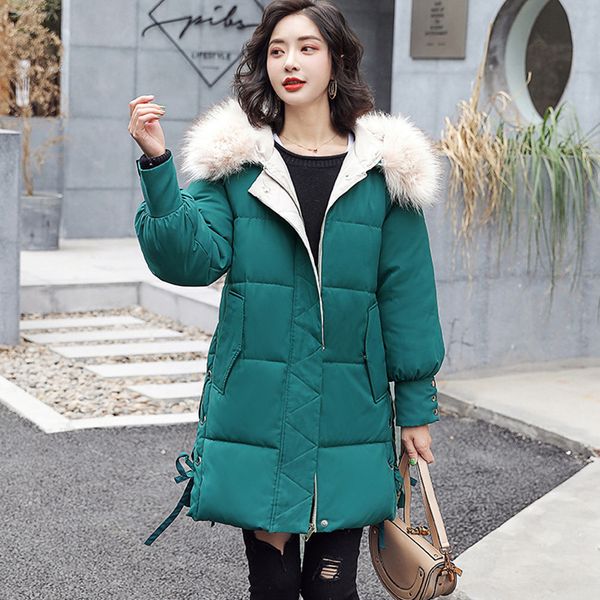 

voobuyla women winter warm jacket big fur collar hooded thickencotton coat casual loose large size female bandage long parkas, Black