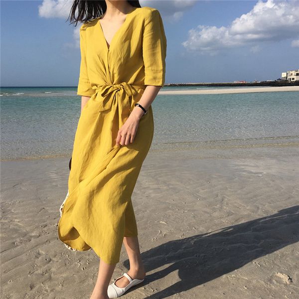 

designer dress woman dresses design summer beach casual dress thin light cotton linen sashes loose women midi 2019 new prairie chic dress, Black;gray