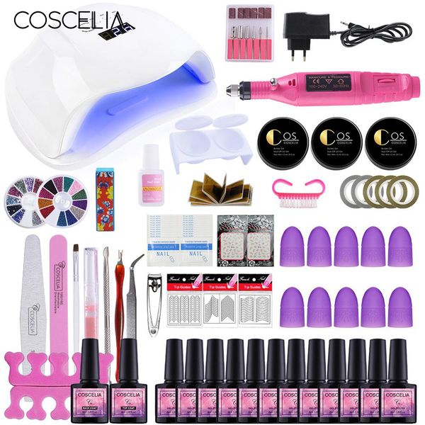 

coscelia manicure set choose 12 colors gel polish base coat nail kits 54/36/24w uv led lamp nail kit electric manicure drill