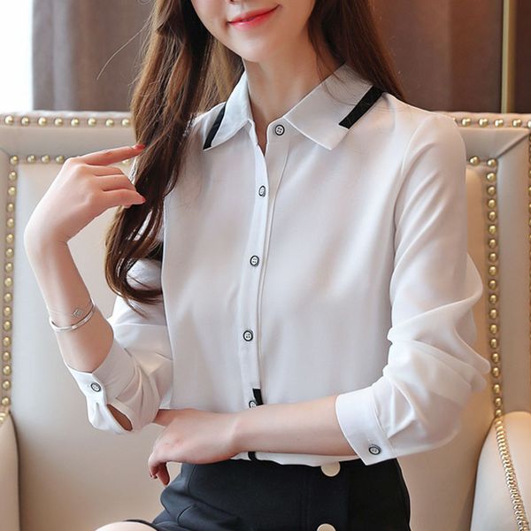 

fashion korean clothing 2019 chiffon shirt elegent evening for womens office long sleeve buton solid female blusas 0367, White