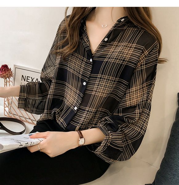 

new plus size women blouses long sleeve button plaid ladies shirts baggy loose cool design blouse new -4xl, White