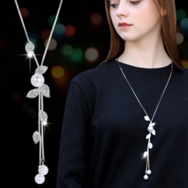 

fashion jewelry atmosphere leaf bohemian necklace festival high lit pearl tassel crystal necklace long joker female, Silver
