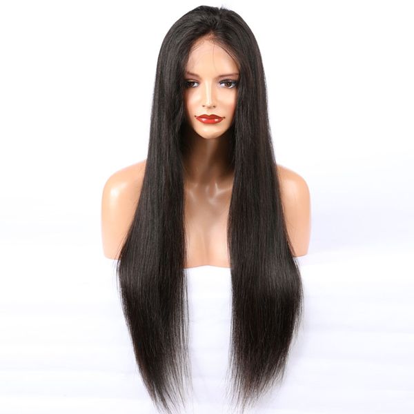 

human hair lace front wig silky straight pre plucked hairline soft brazilian virgin hair full lace wig 150% density with baby hair, Black;brown