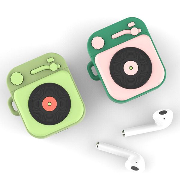 

silicone case for airpods 2 phonograph mp3 modeling protective cover storage box for apple earphone with finger ring