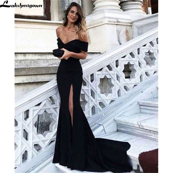 

lakshmigown high split mermaid evening dress off the shoulder sweep train black long prom gown 2019 vestido fiesta largo, White;black