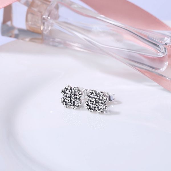 

wholesale- clover earrings with box 925 sterling silver cz diamond for pandora jewelry fashion temperament stud earrings, Golden;silver