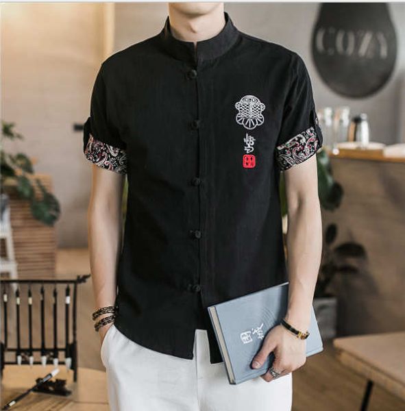 

2020 summer mens designer linen casual shirts chinese style short sleeve single breasted mens shirts, White;black