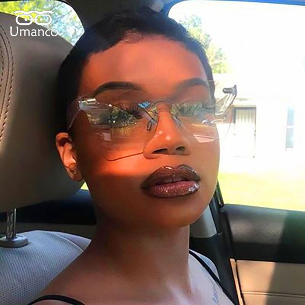 

umanco 2019 new luxury trendy rimless sunglasses women men pc frame pc lens designer brand beach travel shades accessories gifts, White;black