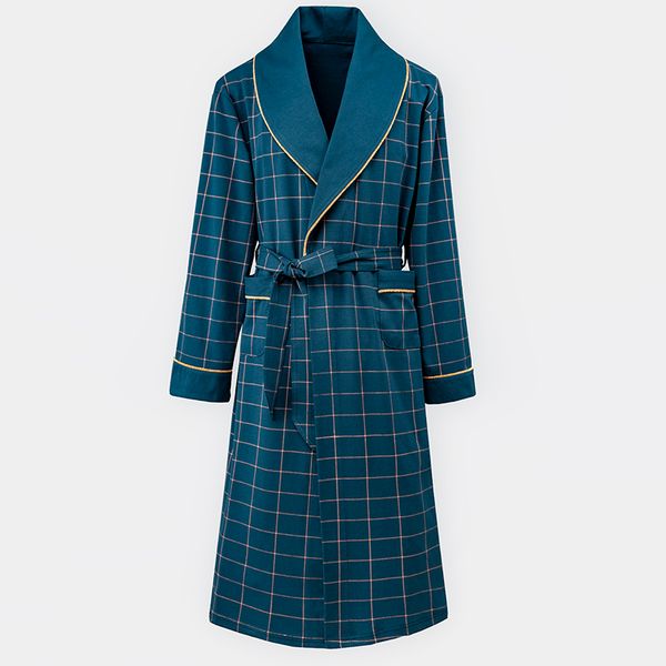 

brand men's 100% cotton robes spring summer home long-sleeved kimono japanese bathrobe male plaid thin dressing gown yukata, Black;brown