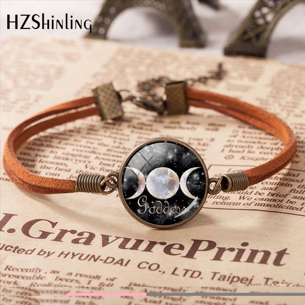 

fashion glass cabochon dome jewelry triple moon leather bracelet triple moon goddess pendant women's accessory, Black
