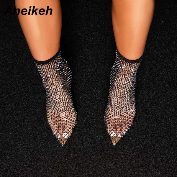 

aneikeh новая весна кристалл mesh сапоги женщины пвх подиум высокие каблуки обуви тонкие каблуки насосы sexy ladies party wedding сандалии б, Black