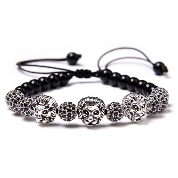

lion bracelets men vintage adjustable bracelet polished black onyx beads bangle cz ball charm pulsera jewelry homme fashion gift