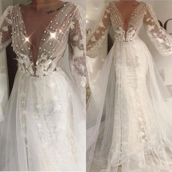 

poet long sleeves lace wedding dresses sheer neckline deep v neck overskirts wedding dress beads pearls country bridal gowns, White