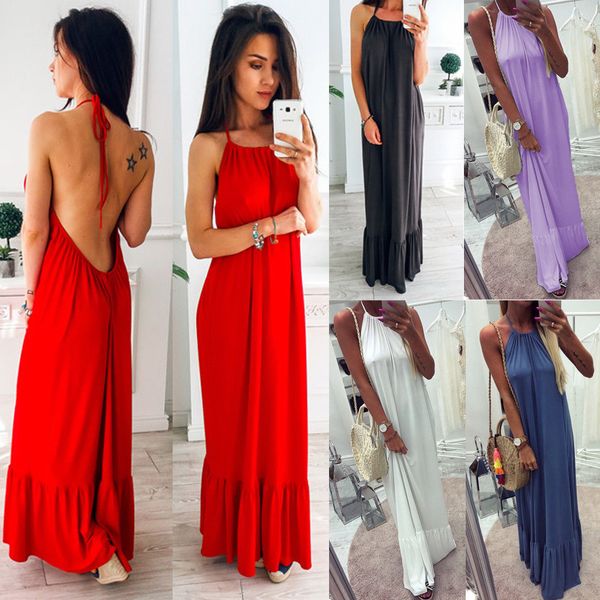 

women backless long maxi dress summer sleeveless halter loose long beach dress sundress, Black;gray
