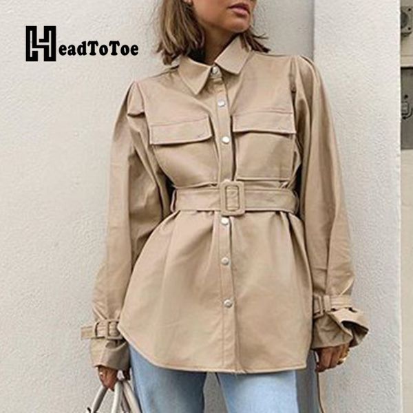 

solid turn down collar pockets design buttoned leather jackets women belted long sleeve casual jacket coats streetwear, Black;brown