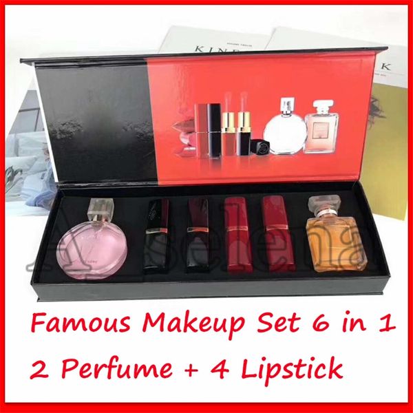 

2020 christmas gift drop shipping brand make up set 6 in 1 gift box 4 lipstick + 2 perfume with ing