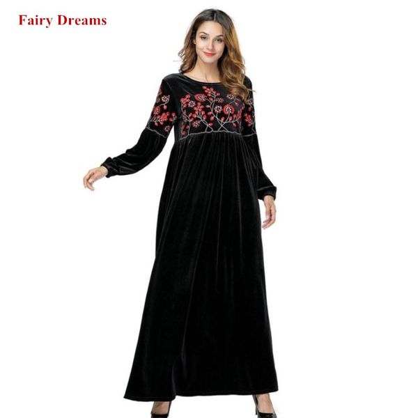 

velvet muslim dress black abayas dubai flowers embroidery women maxi dresses long sleeve turkish robe plus size islamic clothing, Red