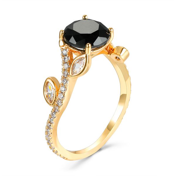 

rongxing cute tree leaf ring желтого золота круглый черный циркон камень кольца для женщин обручальные кольца обручальное кольцо уникальные, Slivery;golden