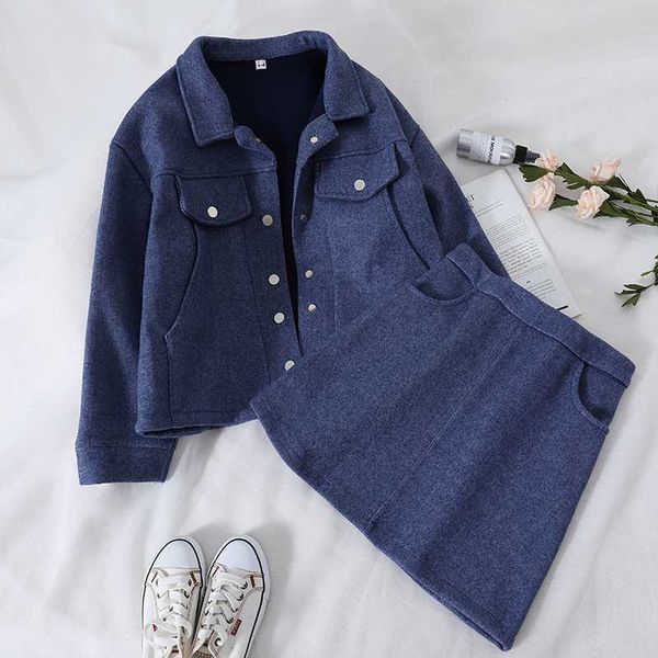 

2020 new fashion women's two piece set autumn winter casual loose coat+skirt two-piece suit, Gray