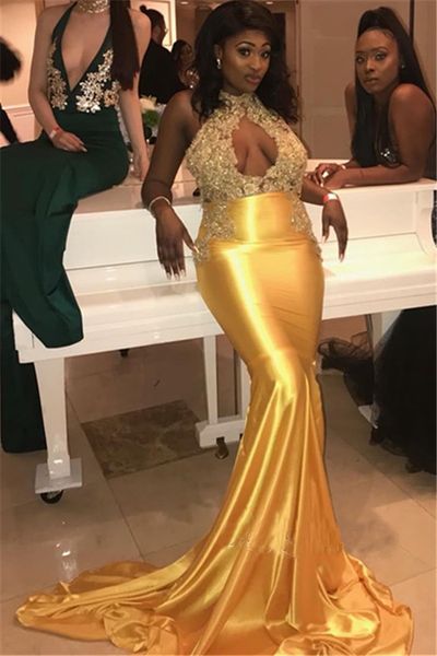 

Glamorous Keyhole Mermaid High-Neck Lace Prom Dresses Beads Yellow Prom Dresses Formal Dresses Evening Wear Plus Size