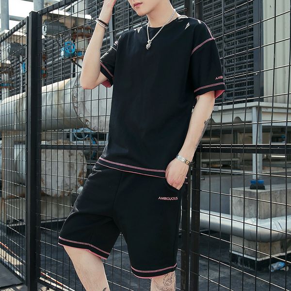 

2020 short-sleeved suit summer men's korean loose round neck t-shirt five-point shorts men's sports casual suit asian size 14 colo, Gray