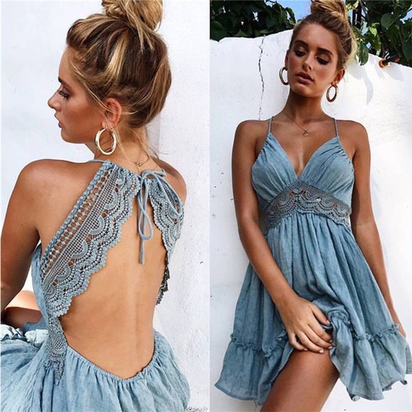 

women summer sundress backless v-neck beach dresses 2019 sleeveless spaghetti strap spaghetti strap white boho mini dress, Black;gray