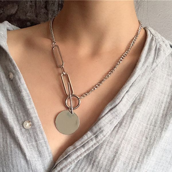 

diezi hip hop women men silver chain link clavicle necklace for couple gift party jewelry vintage round circle pendant necklaces, Golden;silver