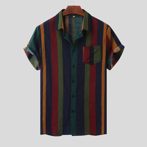 

hawaiian shirt for men vertical colorful striped shirt mens cotton short sleeve chest pocket shirts men summer korean clothes, White;black