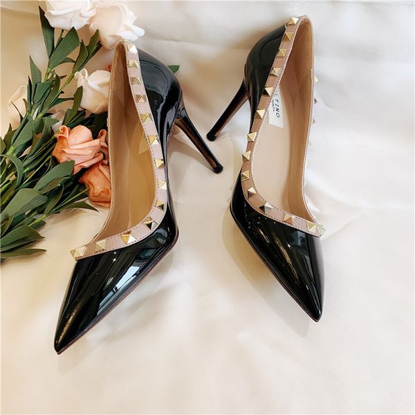 

casual designer lady fashion women pumps black patent leather studded spikes point toe high heels party shoes wedding heeeled