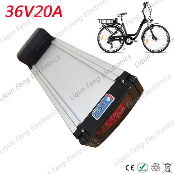 Bateria de rack traseira de 36V 20AH Bateria de íon de lítio de bicicleta elétrica de 700W 36V para uma bicicleta com carregador de luz traseira BMS 42V de concha de alumínio.