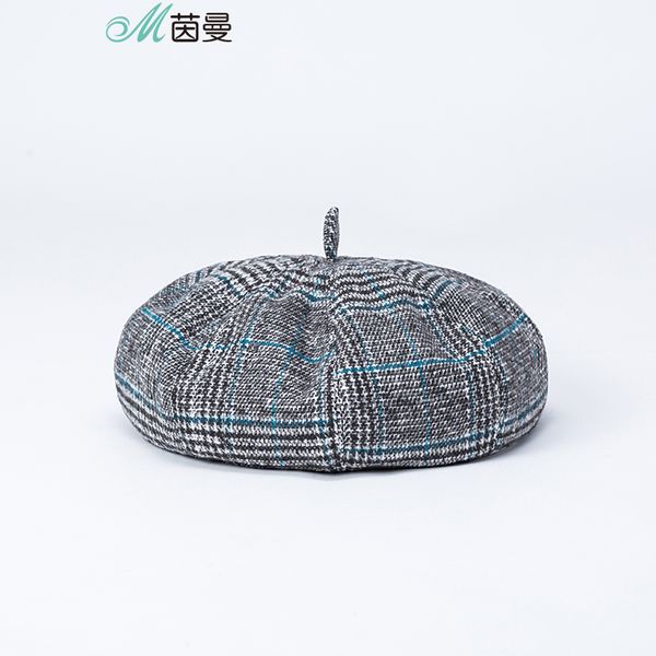 

inman autumn and winter female british style korean berets japanese wild models constract color octagonal cap and pumpkin cap, Blue;gray