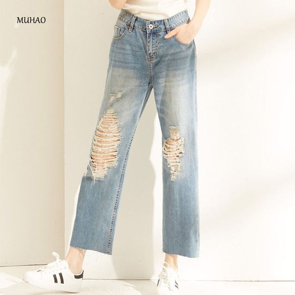 

muhao mid waist loose hole wide leg pants jeans woman nine pants classic big hole womens jeans denim high streetwear, Blue