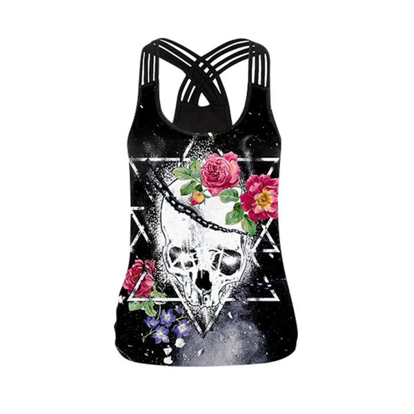 

women casual tanks sleeveless gothic vest 3d print tank cool flower skull tanks back hollow out vest casual camis clothes#4, White