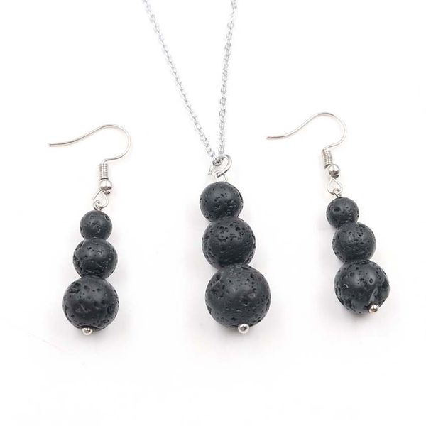 

wholesale 10 pcs silver plated layer round beads black lava stone pendant link chain necklace drop earrings simple style jewelry sets