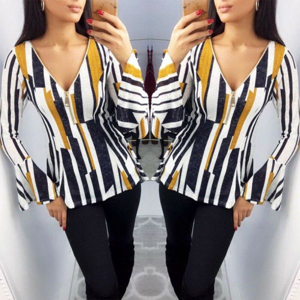

новая женская свободная рубашка с длинным рукавом v-образным вырезом ol ladies casual zip up blouse, White