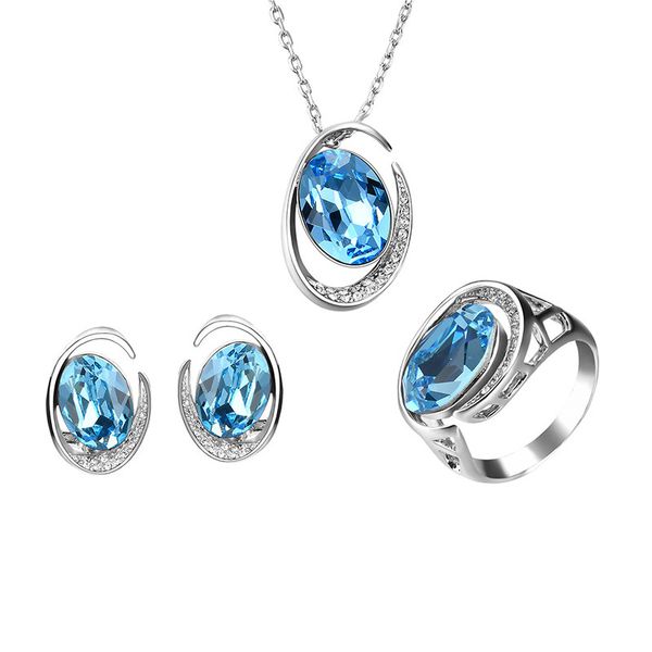 

simple oceanblue necklace earrings rings jewelry set for women gift min order 12 sets 61173173, Silver
