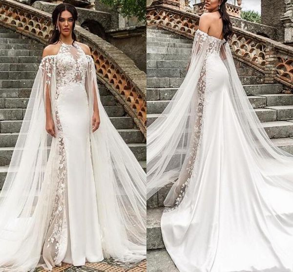 

berta 2020 long sleeve mermaid wedding dresses halter jewel neck appliqued bride dress bridal gowns vestidos de novia robe, White
