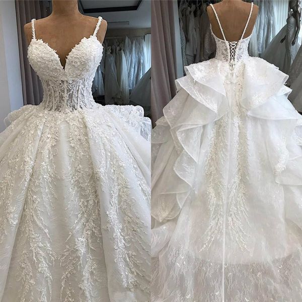 

vintage lace spaghetti wedding dresses with cascading ruffles tulle court train garden wedding dress lace up beaded vestido de novia, White