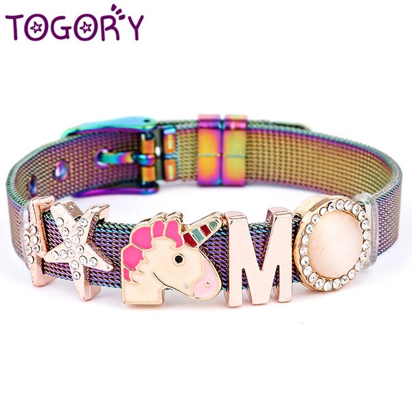 

togory jewelry keeper slide charm bracelet bangles colorful stainless steel mesh bracelet bangles with m star unicorn diy gift, Golden;silver