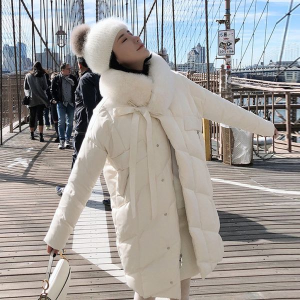 

winter jacket women duck down coat large real natural fox fur collar long coat warm parkas outerwear thick female jackets, Black