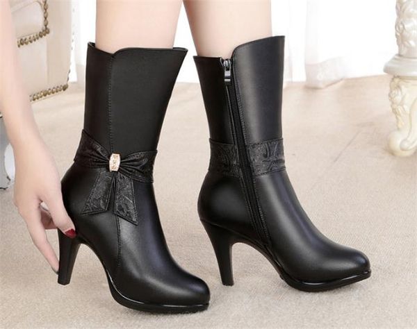 

winter tube high heel stiletto warm wool lining bow snow boots, Black