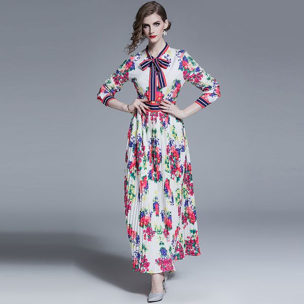 

borisovich runway style women pleated long dress new brand 2019 vintage floral print elegant a-line ladies party dresses n1111, Black;gray