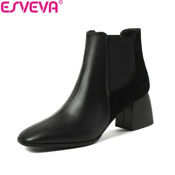 

esveva 2019 women shoes elastic band square high heels square toe shoes solid ankle boots slip on fashion woman size 34-43, Black