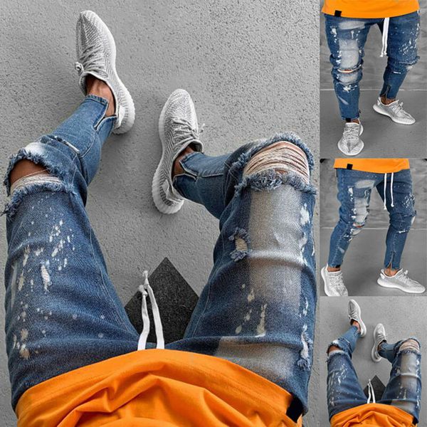 

men ripped zipper cuffs pants denim basic jeans casual slim fit bottom trousers, Blue