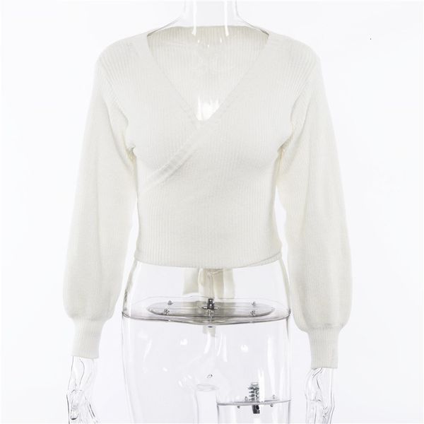 

deep v neck white wrap knit pullover women autumn bow tie knitted cropped sweater female winter crop jumper pull, White;black